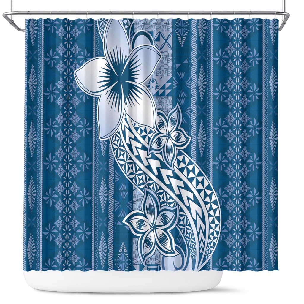 Tonga Kupesi Ngatu Shower Curtain Vintage Blue Plumeria