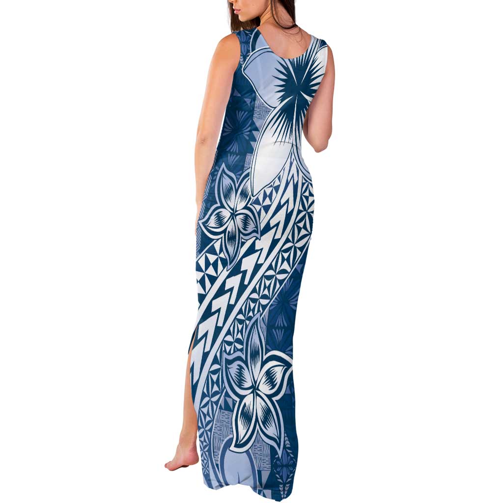 Tonga Kupesi Ngatu Tank Maxi Dress Vintage Blue Plumeria