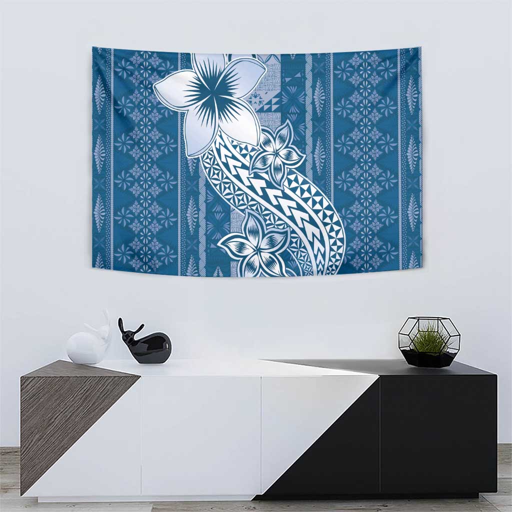 Tonga Kupesi Ngatu Tapestry Vintage Blue Plumeria