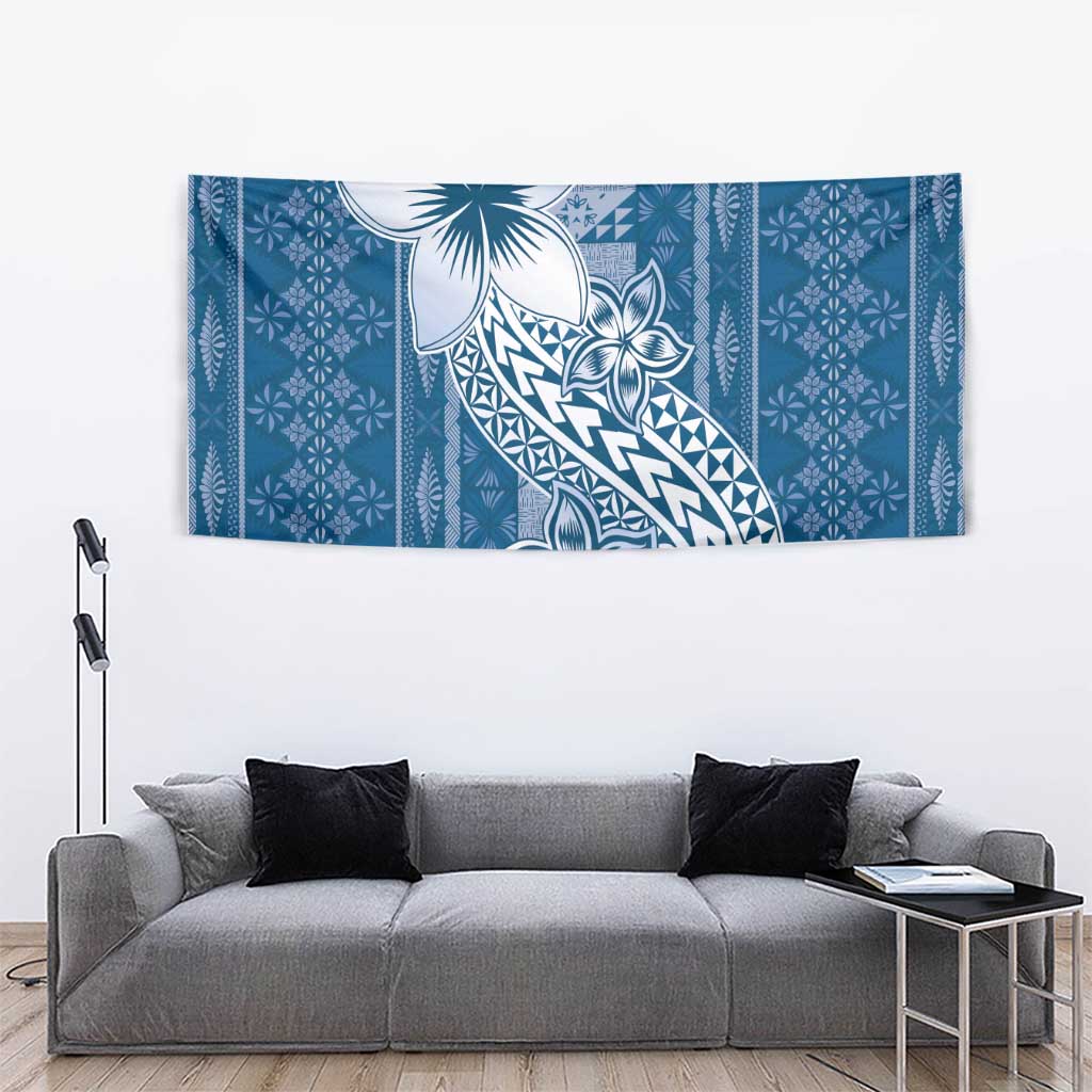 Tonga Kupesi Ngatu Tapestry Vintage Blue Plumeria