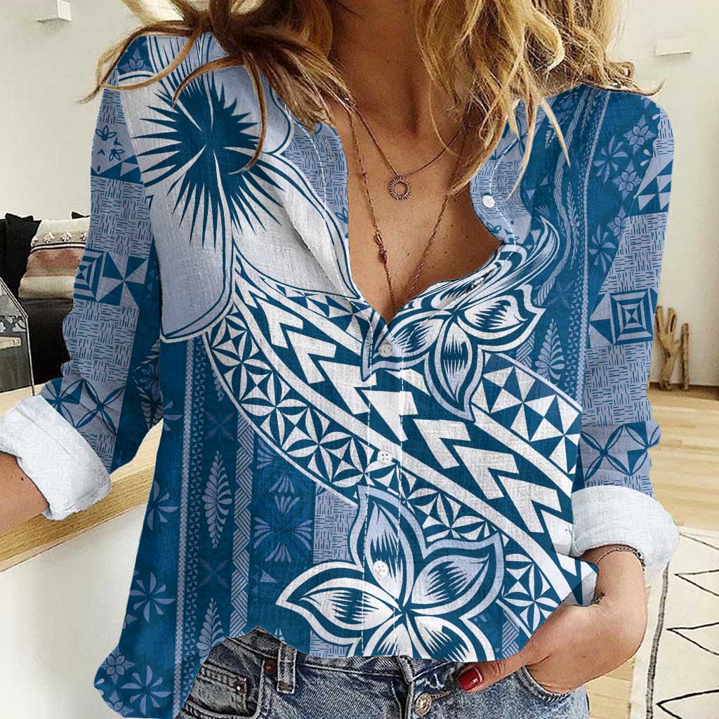 Tonga Kupesi Ngatu Women Casual Shirt Vintage Blue Plumeria LT05 Female Blue - Polynesian Pride