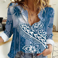 Tonga Kupesi Ngatu Women Casual Shirt Vintage Blue Plumeria LT05 Female Blue - Polynesian Pride