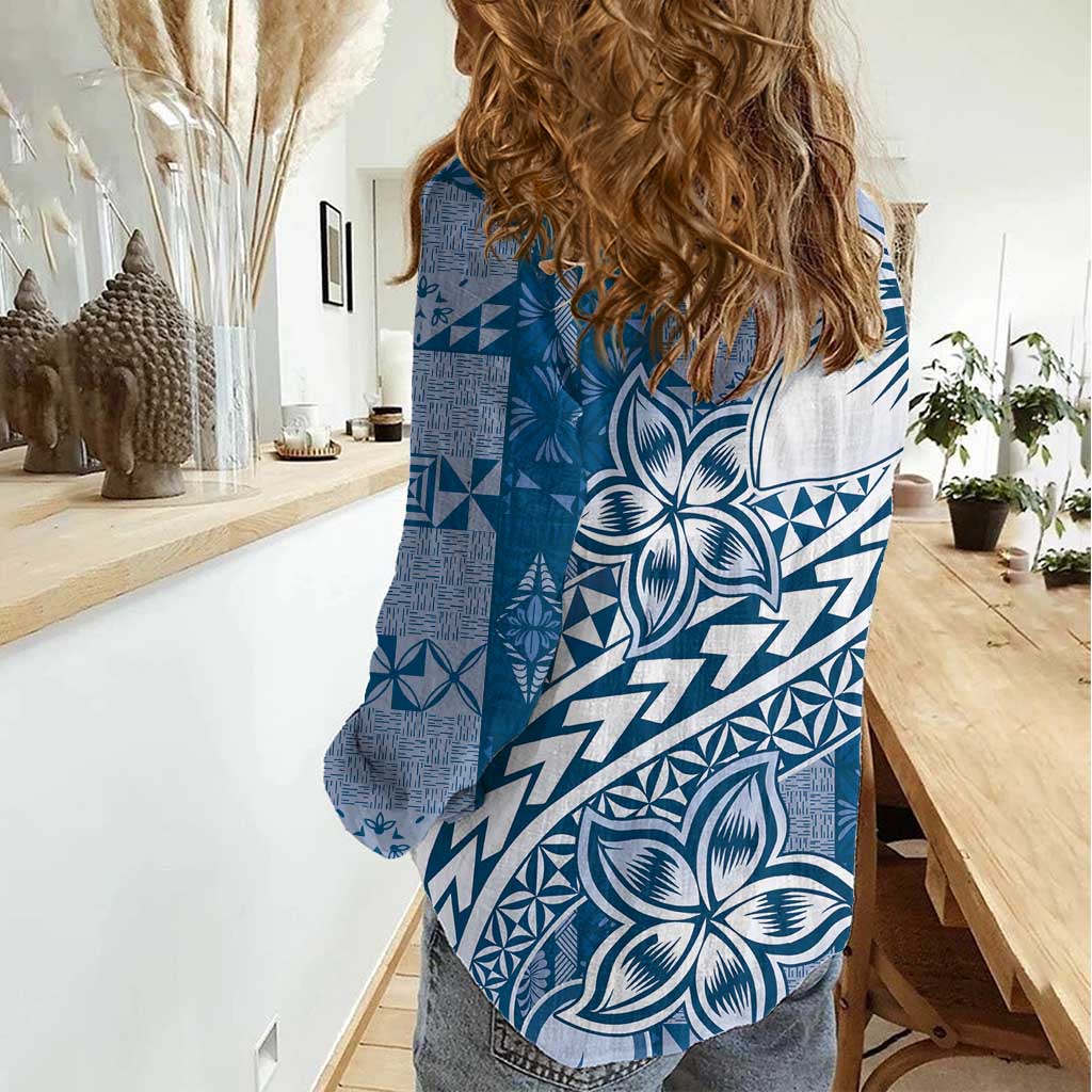 Tonga Kupesi Ngatu Women Casual Shirt Vintage Blue Plumeria LT05 - Polynesian Pride