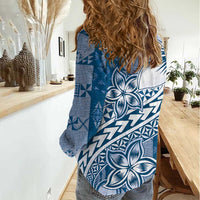 Tonga Kupesi Ngatu Women Casual Shirt Vintage Blue Plumeria LT05 - Polynesian Pride