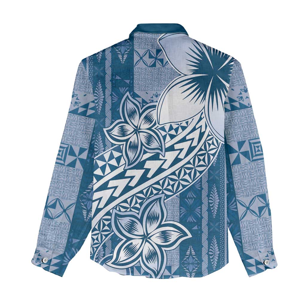 Tonga Kupesi Ngatu Women Casual Shirt Vintage Blue Plumeria LT05 - Polynesian Pride