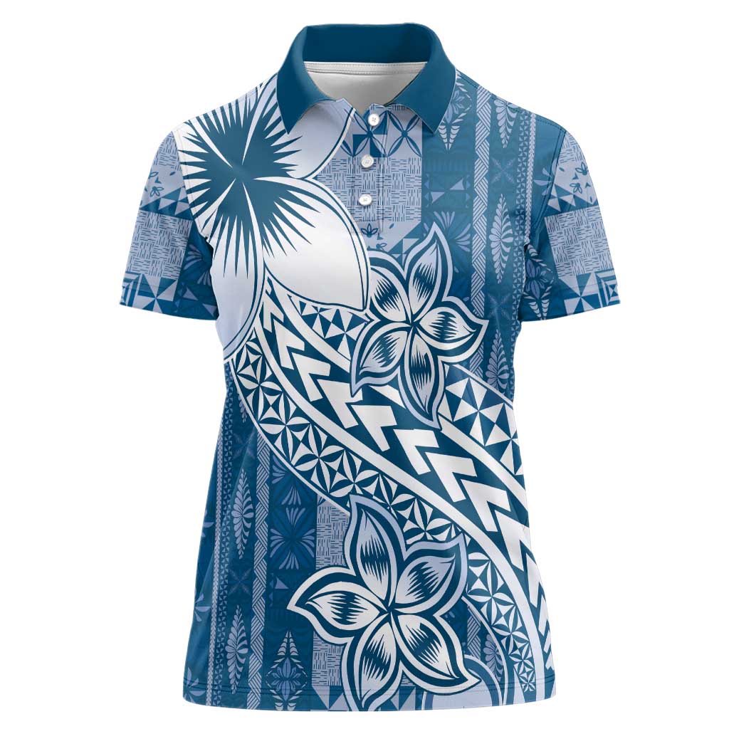 Tonga Kupesi Ngatu Women Polo Shirt Vintage Blue Plumeria