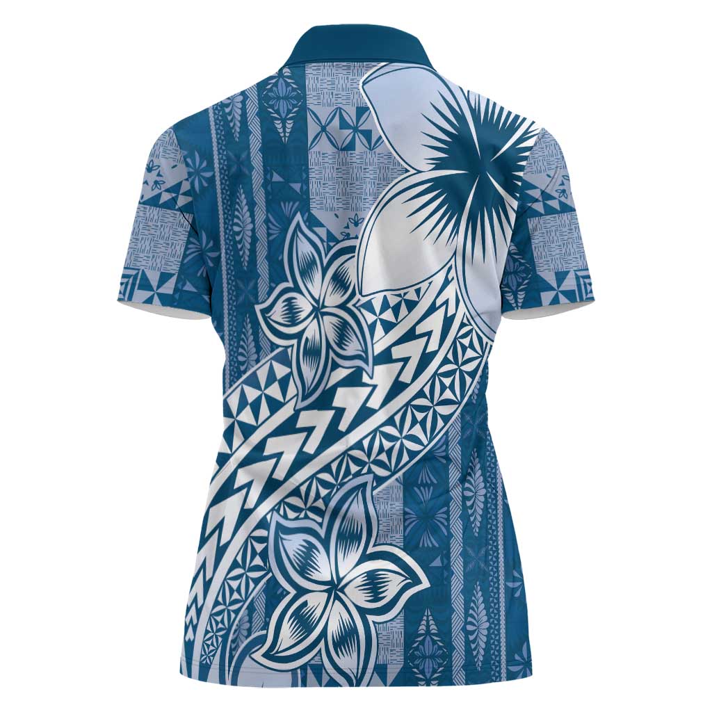Tonga Kupesi Ngatu Women Polo Shirt Vintage Blue Plumeria