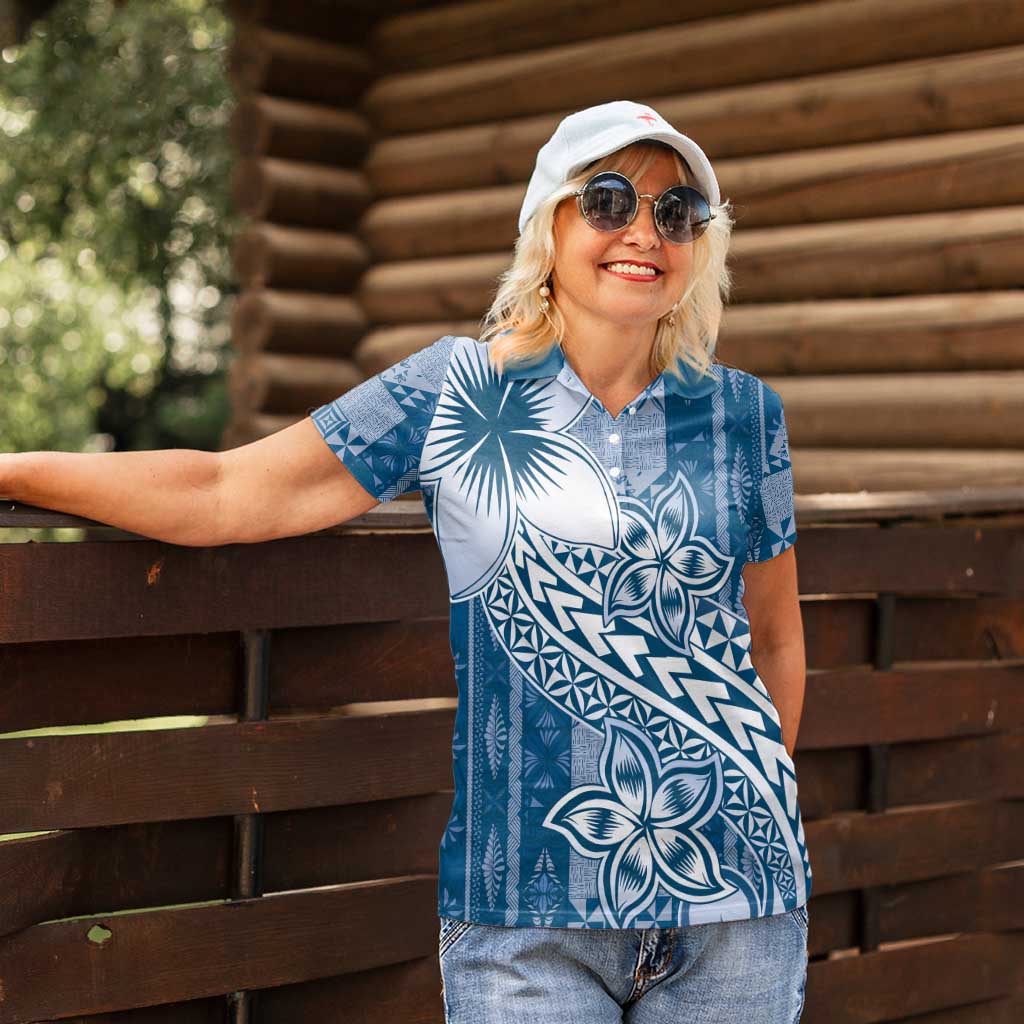 Tonga Kupesi Ngatu Women Polo Shirt Vintage Blue Plumeria