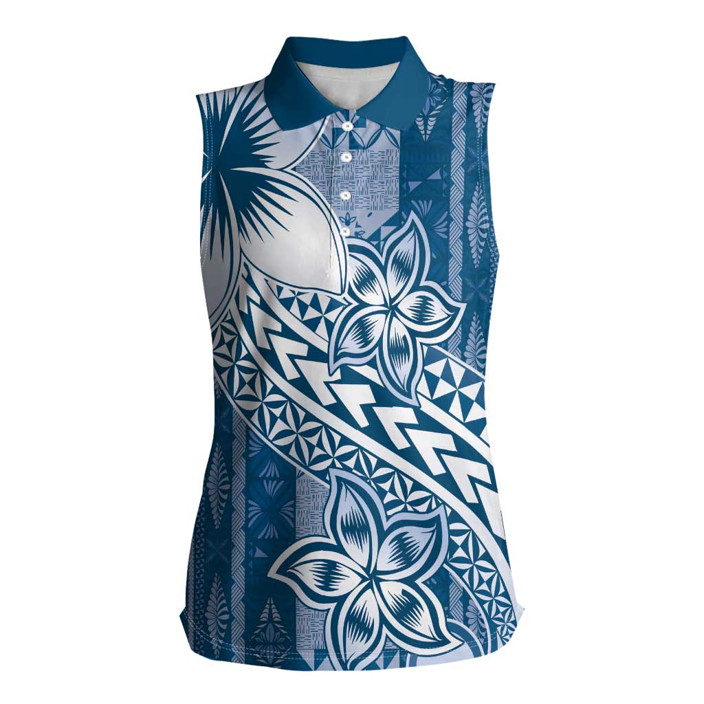 Tonga Kupesi Ngatu Women Sleeveless Polo Shirt Vintage Blue Plumeria