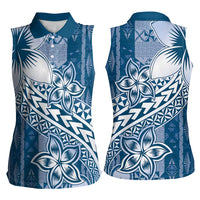 Tonga Kupesi Ngatu Women Sleeveless Polo Shirt Vintage Blue Plumeria