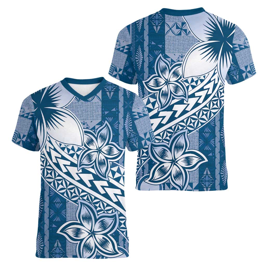 Tonga Kupesi Ngatu Women V-Neck T-Shirt Vintage Blue Plumeria