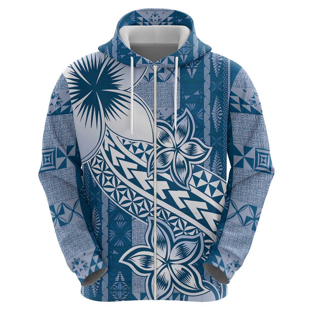 Tonga Kupesi Ngatu Zip Hoodie Vintage Blue Plumeria