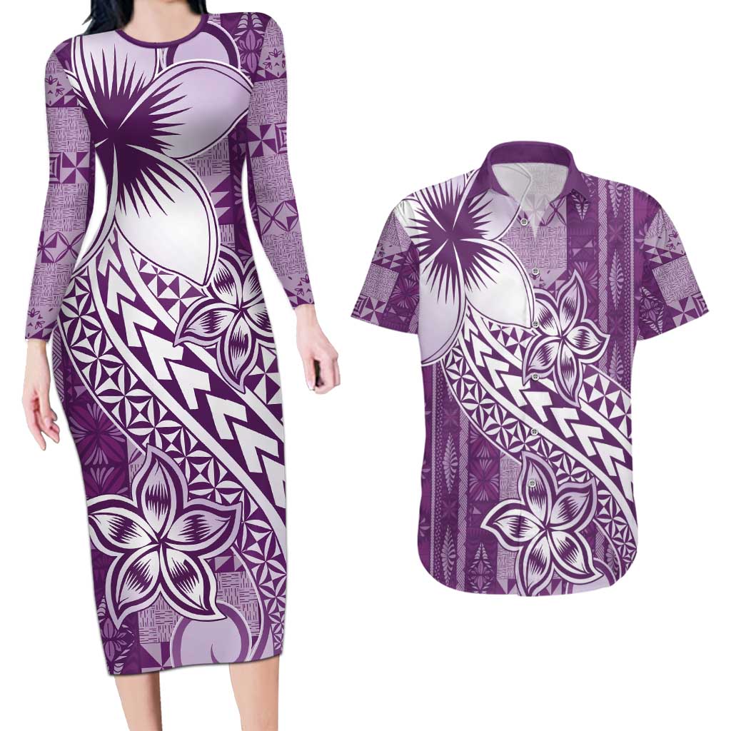 Tonga Kupesi Ngatu Couples Matching Long Sleeve Bodycon Dress and Hawaiian Shirt Vintage Purple Plumeria