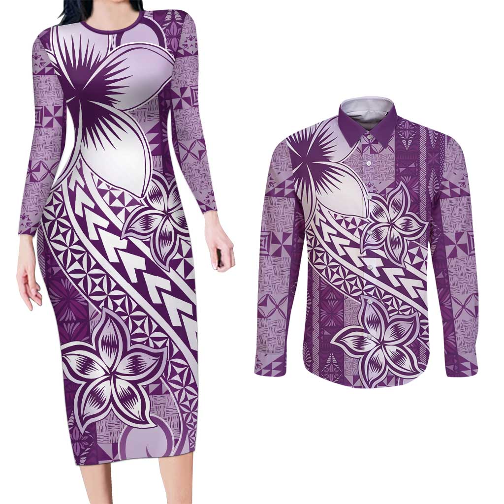 Tonga Kupesi Ngatu Couples Matching Long Sleeve Bodycon Dress and Long Sleeve Button Shirt Vintage Purple Plumeria