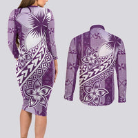 Tonga Kupesi Ngatu Couples Matching Long Sleeve Bodycon Dress and Long Sleeve Button Shirt Vintage Purple Plumeria
