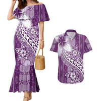 Tonga Kupesi Ngatu Couples Matching Mermaid Dress and Hawaiian Shirt Vintage Purple Plumeria