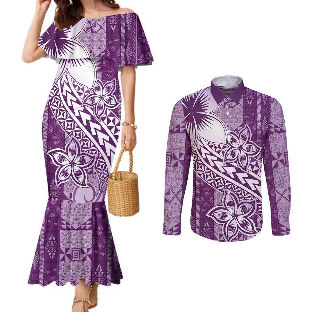 Tonga Kupesi Ngatu Couples Matching Mermaid Dress and Long Sleeve Button Shirt Vintage Purple Plumeria
