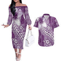 Tonga Kupesi Ngatu Couples Matching Off The Shoulder Long Sleeve Dress and Hawaiian Shirt Vintage Purple Plumeria