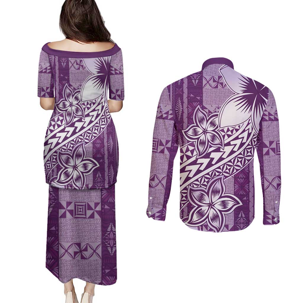 Tonga Kupesi Ngatu Couples Matching Puletasi and Long Sleeve Button Shirt Vintage Purple Plumeria