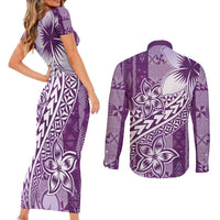Tonga Kupesi Ngatu Couples Matching Short Sleeve Bodycon Dress and Long Sleeve Button Shirt Vintage Purple Plumeria