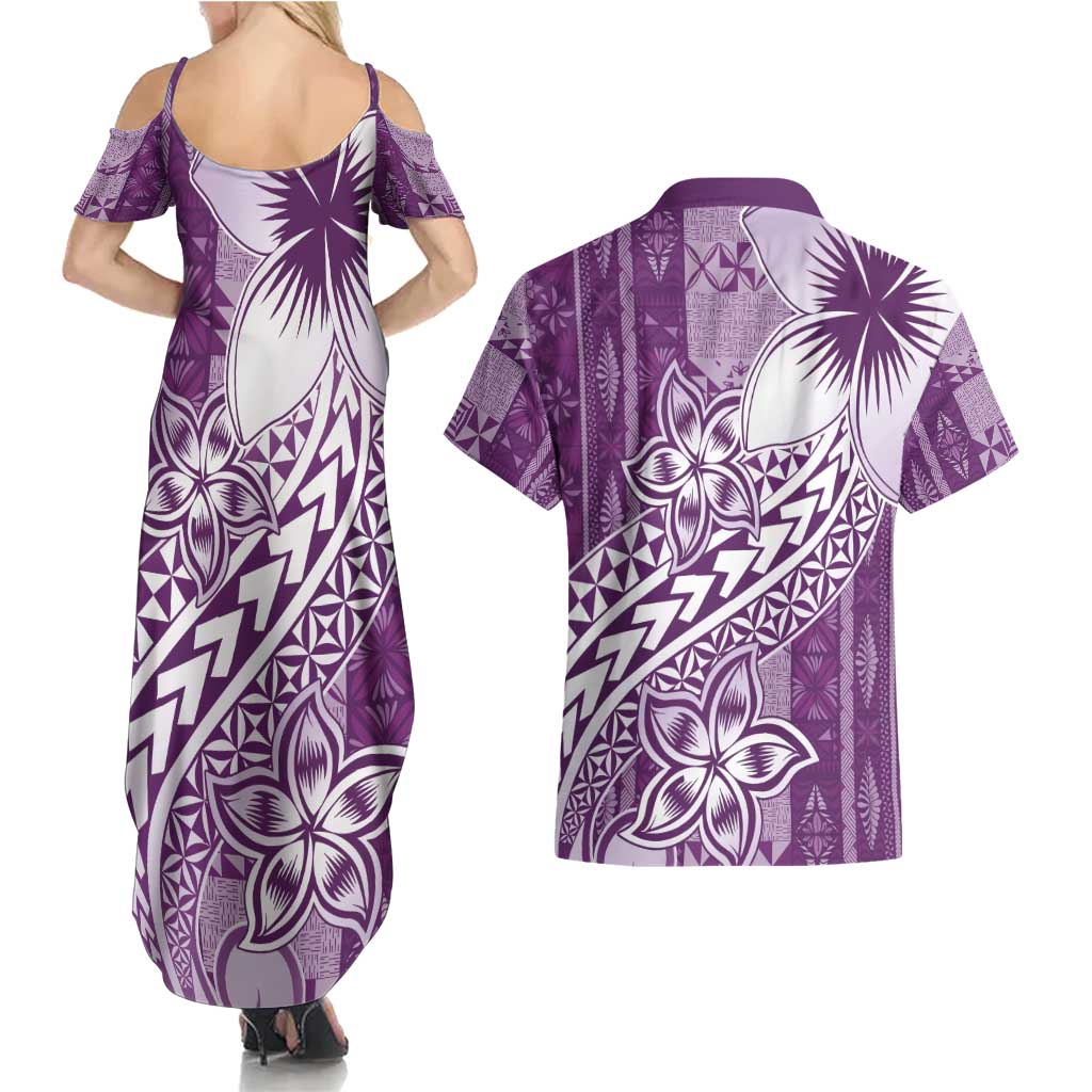 Tonga Kupesi Ngatu Couples Matching Summer Maxi Dress and Hawaiian Shirt Vintage Purple Plumeria