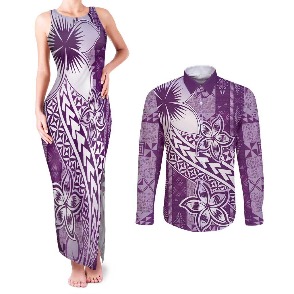 Tonga Kupesi Ngatu Couples Matching Tank Maxi Dress and Long Sleeve Button Shirt Vintage Purple Plumeria