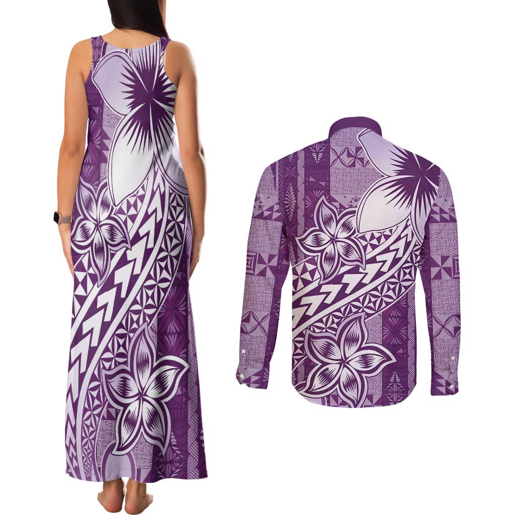 Tonga Kupesi Ngatu Couples Matching Tank Maxi Dress and Long Sleeve Button Shirt Vintage Purple Plumeria
