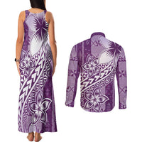 Tonga Kupesi Ngatu Couples Matching Tank Maxi Dress and Long Sleeve Button Shirt Vintage Purple Plumeria