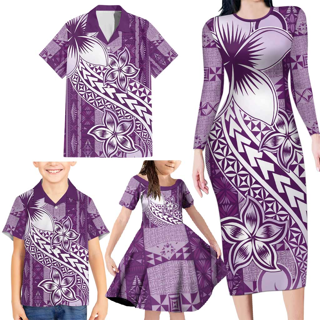 Tonga Kupesi Ngatu Family Matching Long Sleeve Bodycon Dress and Hawaiian Shirt Vintage Purple Plumeria