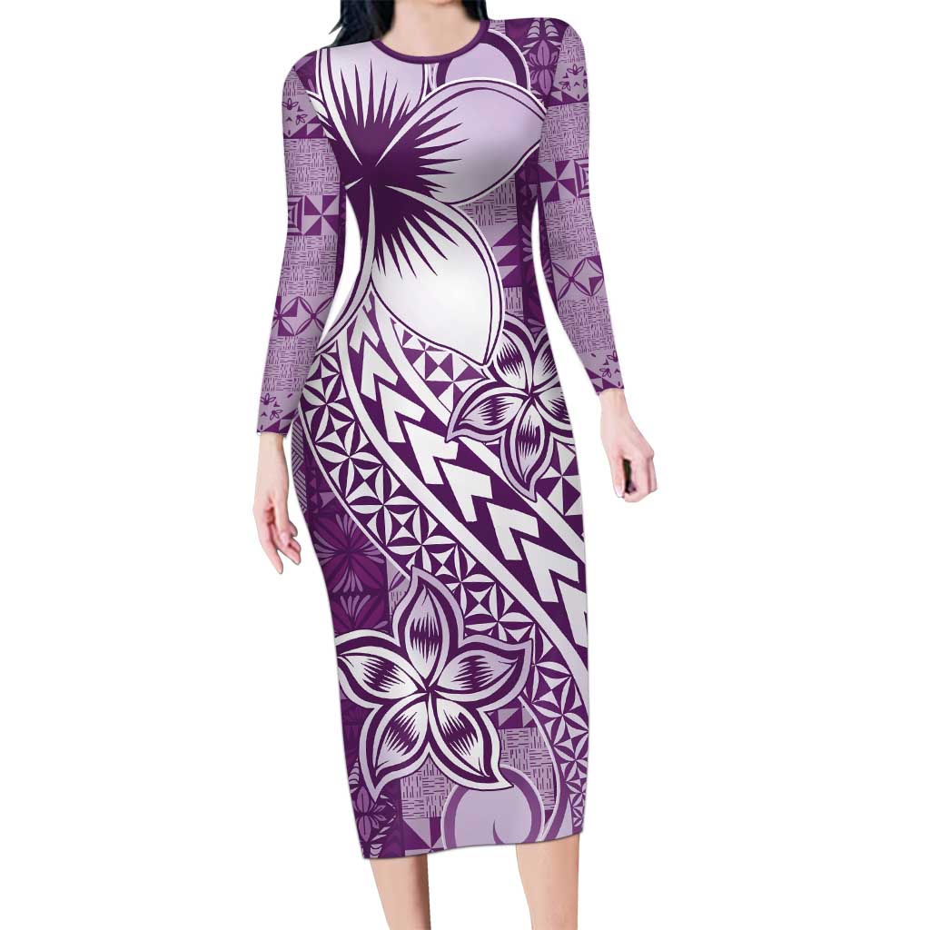 Tonga Kupesi Ngatu Family Matching Long Sleeve Bodycon Dress and Hawaiian Shirt Vintage Purple Plumeria