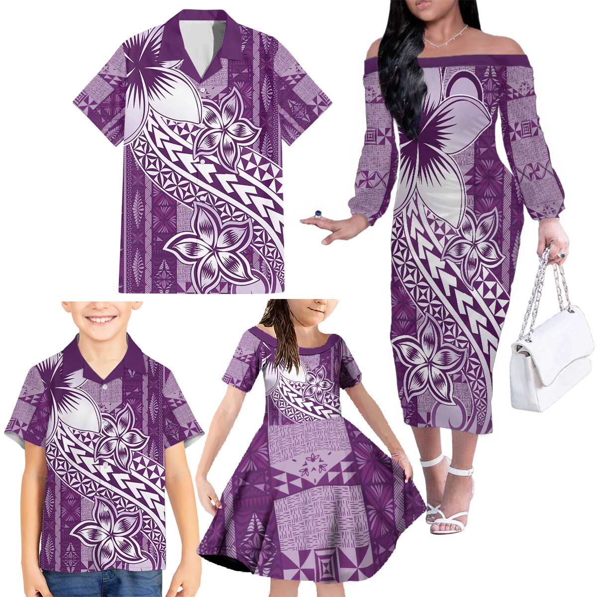 Tonga Kupesi Ngatu Family Matching Off The Shoulder Long Sleeve Dress and Hawaiian Shirt Vintage Purple Plumeria