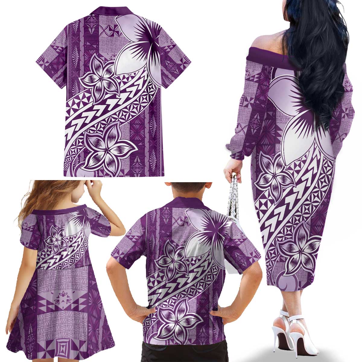Tonga Kupesi Ngatu Family Matching Off The Shoulder Long Sleeve Dress and Hawaiian Shirt Vintage Purple Plumeria