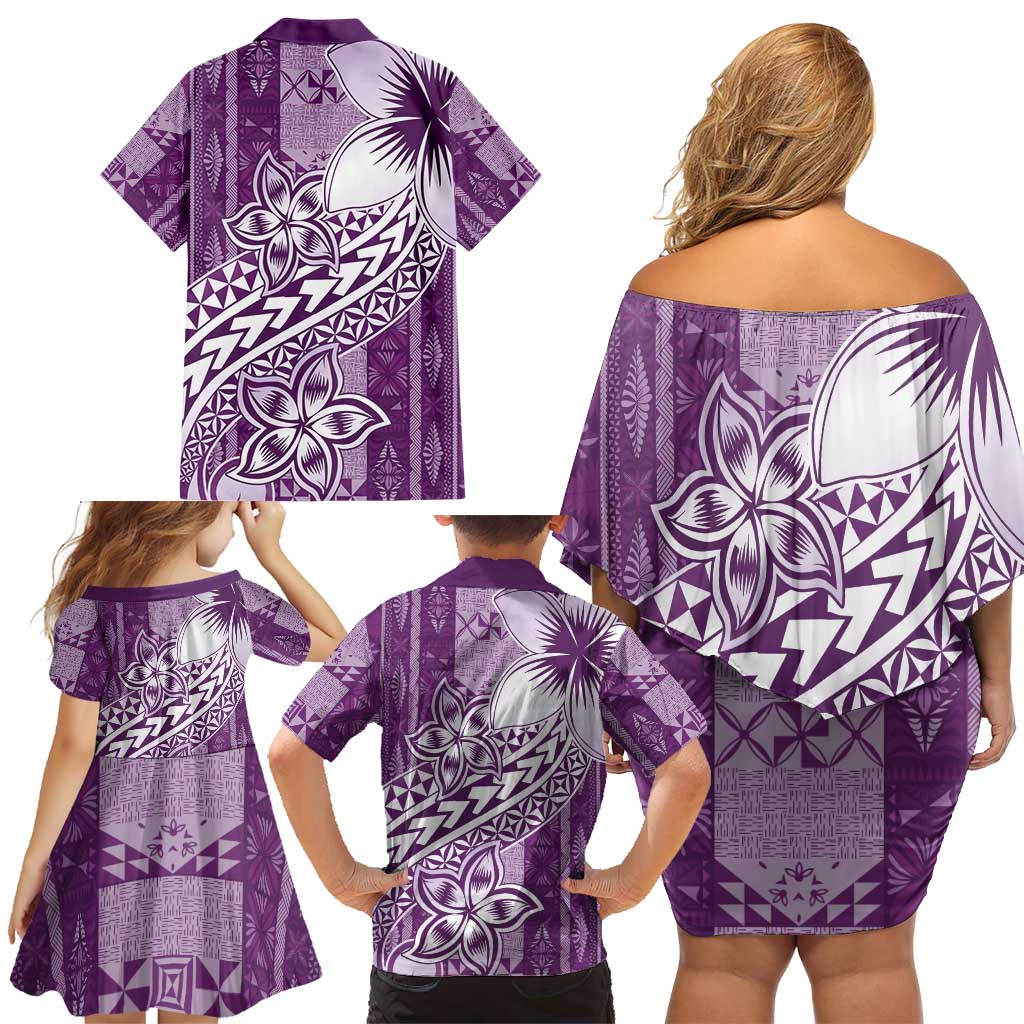 Tonga Kupesi Ngatu Family Matching Off Shoulder Short Dress and Hawaiian Shirt Vintage Purple Plumeria