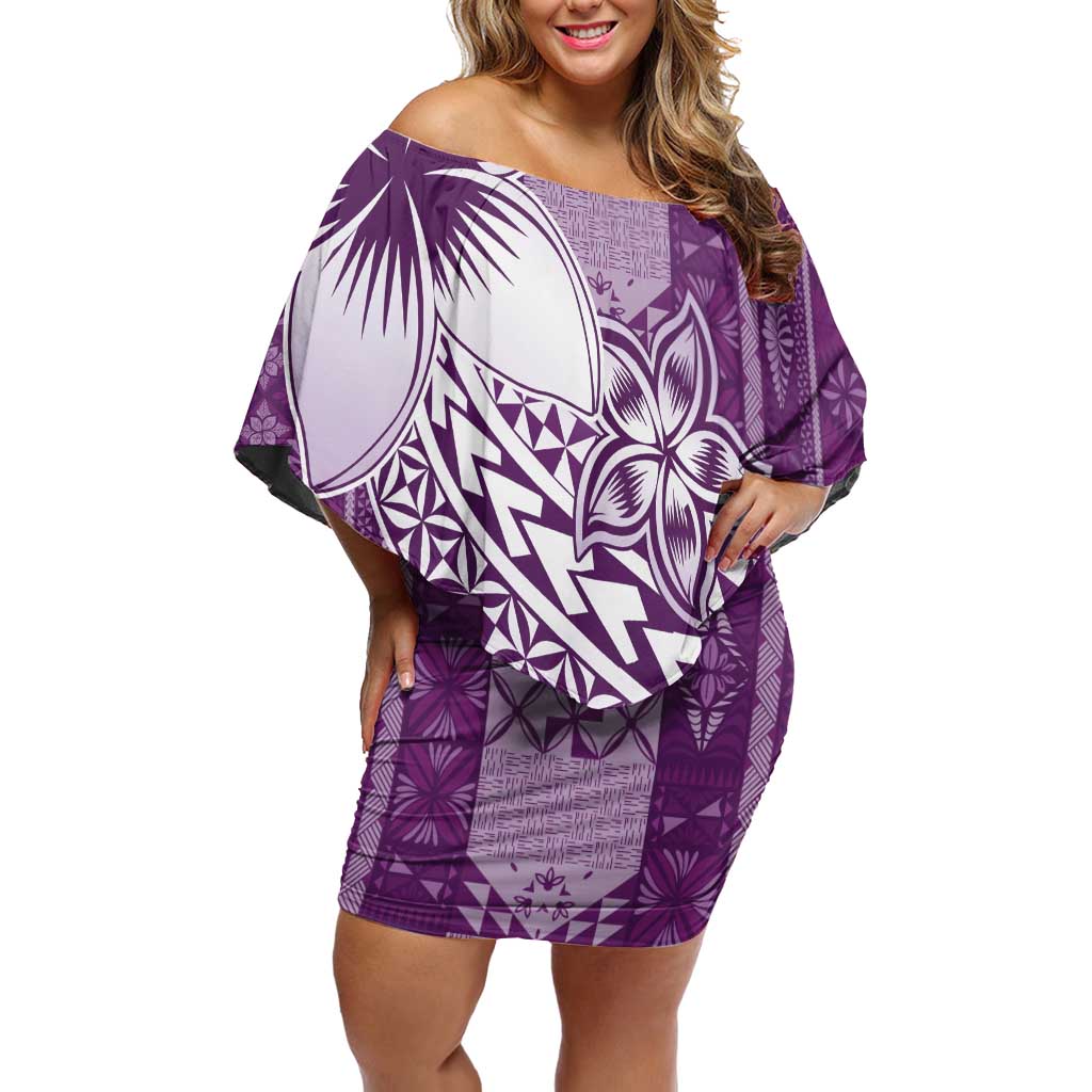 Tonga Kupesi Ngatu Family Matching Off Shoulder Short Dress and Hawaiian Shirt Vintage Purple Plumeria
