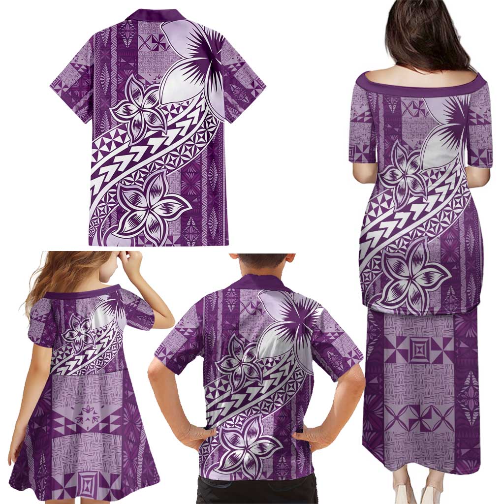 Tonga Kupesi Ngatu Family Matching Puletasi and Hawaiian Shirt Vintage Purple Plumeria