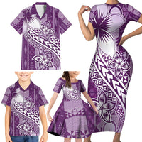 Tonga Kupesi Ngatu Family Matching Short Sleeve Bodycon Dress and Hawaiian Shirt Vintage Purple Plumeria
