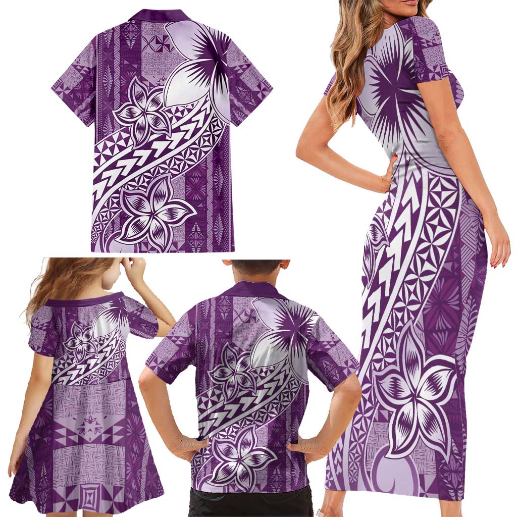 Tonga Kupesi Ngatu Family Matching Short Sleeve Bodycon Dress and Hawaiian Shirt Vintage Purple Plumeria