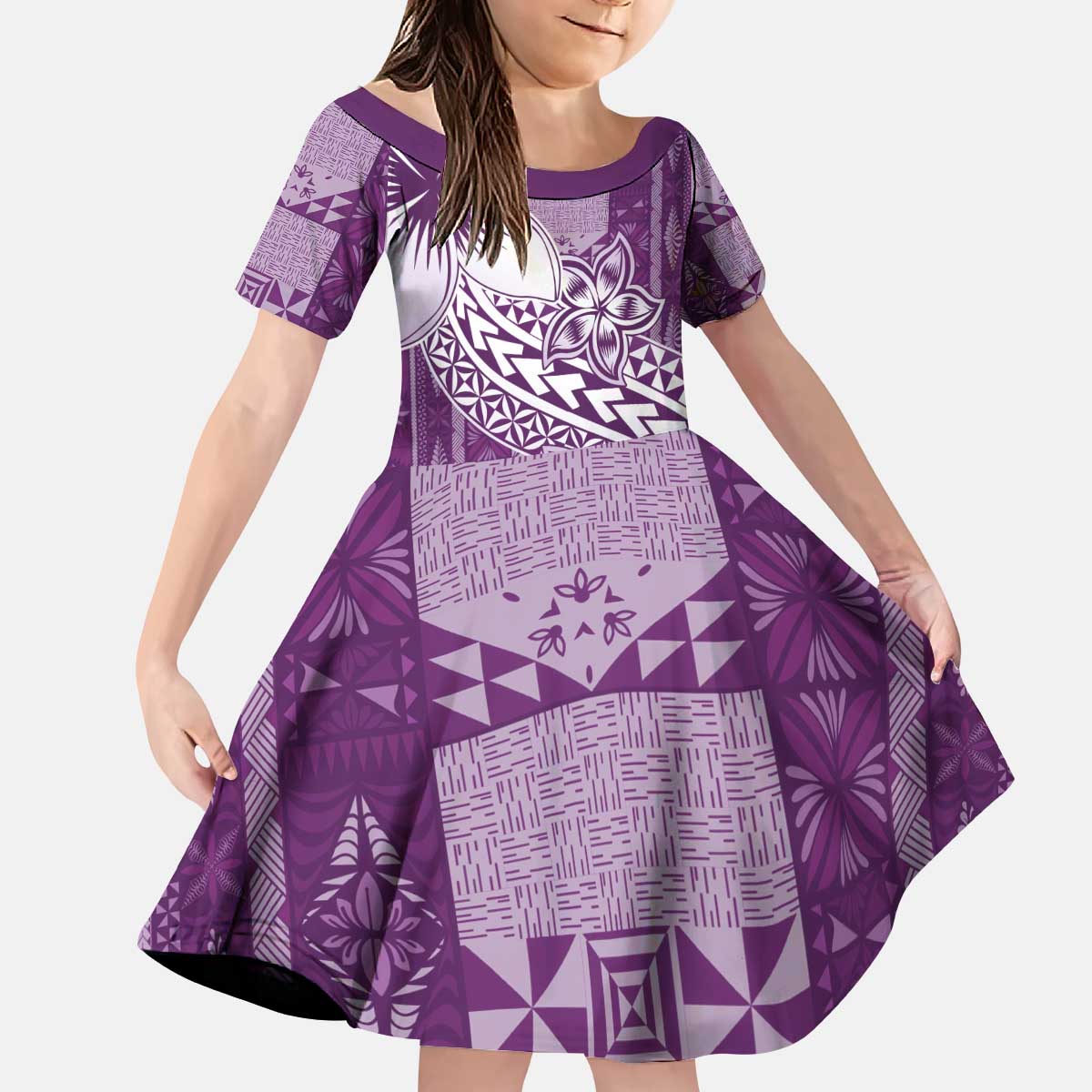 Tonga Kupesi Ngatu Kid Short Sleeve Dress Vintage Purple Plumeria