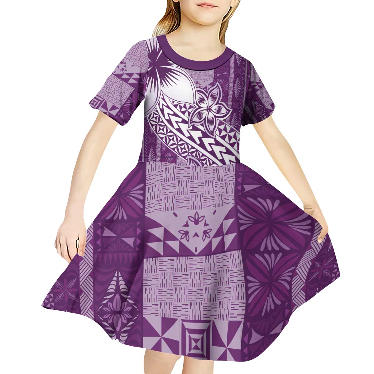Tonga Kupesi Ngatu Kid Short Sleeve Dress Vintage Purple Plumeria