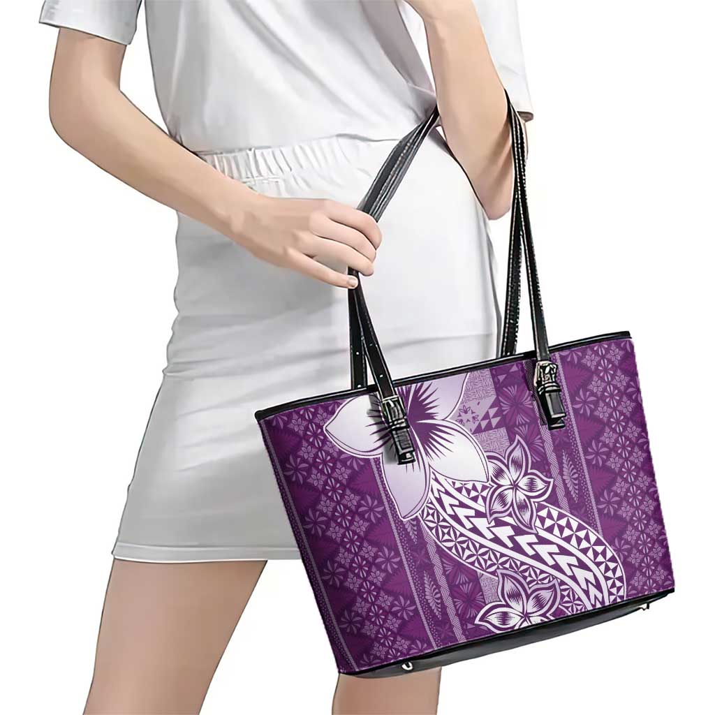 Tonga Kupesi Ngatu Leather Tote Bag Vintage Purple Plumeria