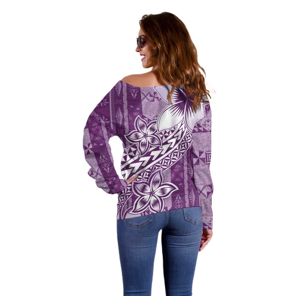 Tonga Kupesi Ngatu Off Shoulder Sweater Vintage Purple Plumeria