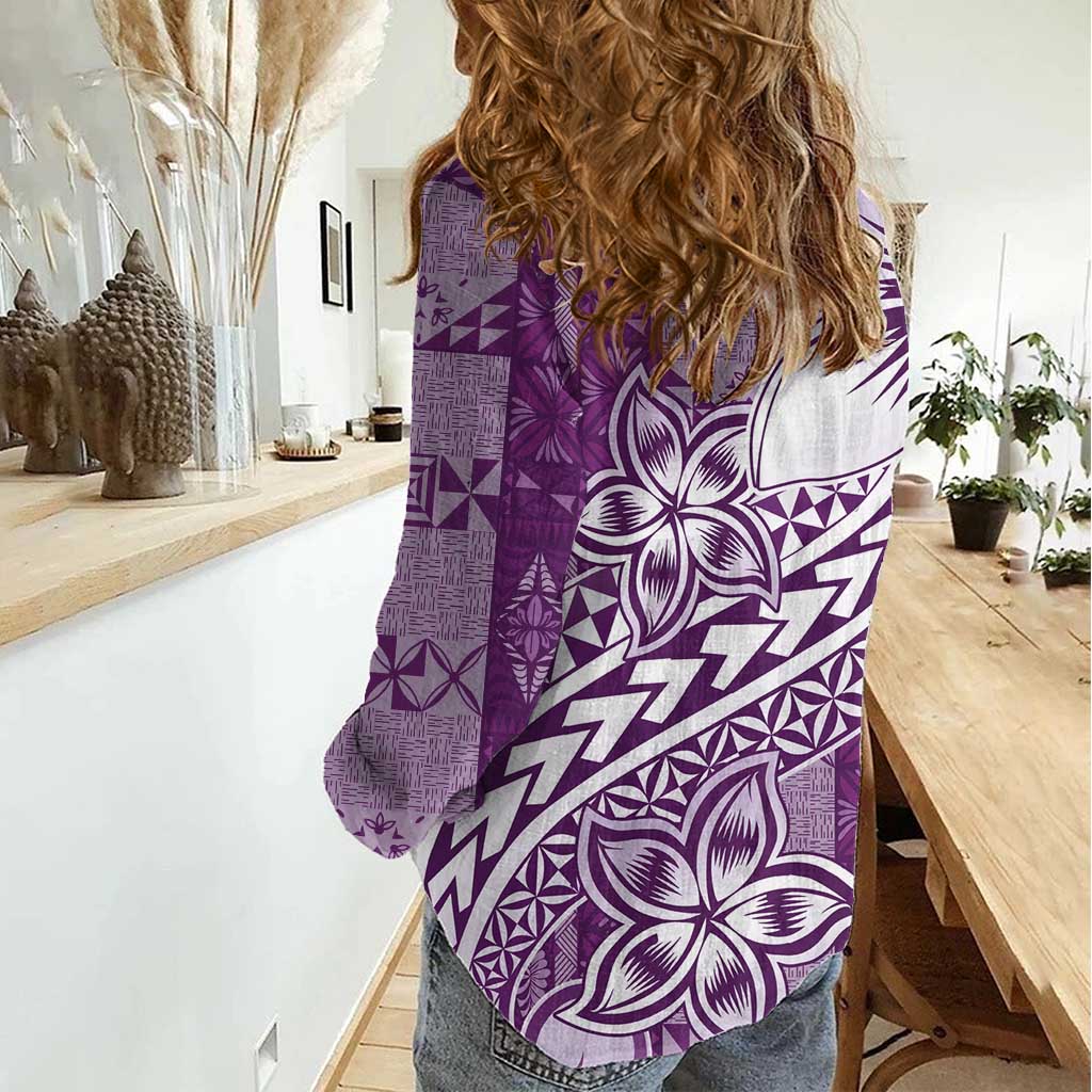 Tonga Kupesi Ngatu Women Casual Shirt Vintage Purple Plumeria LT05 - Polynesian Pride