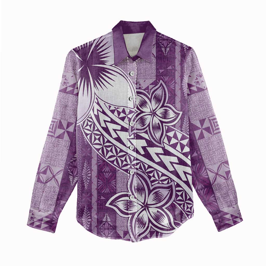 Tonga Kupesi Ngatu Women Casual Shirt Vintage Purple Plumeria LT05 - Polynesian Pride