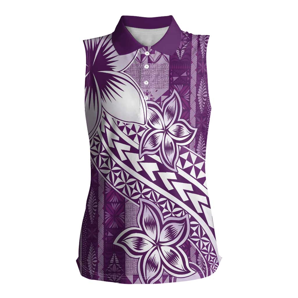 Tonga Kupesi Ngatu Women Sleeveless Polo Shirt Vintage Purple Plumeria