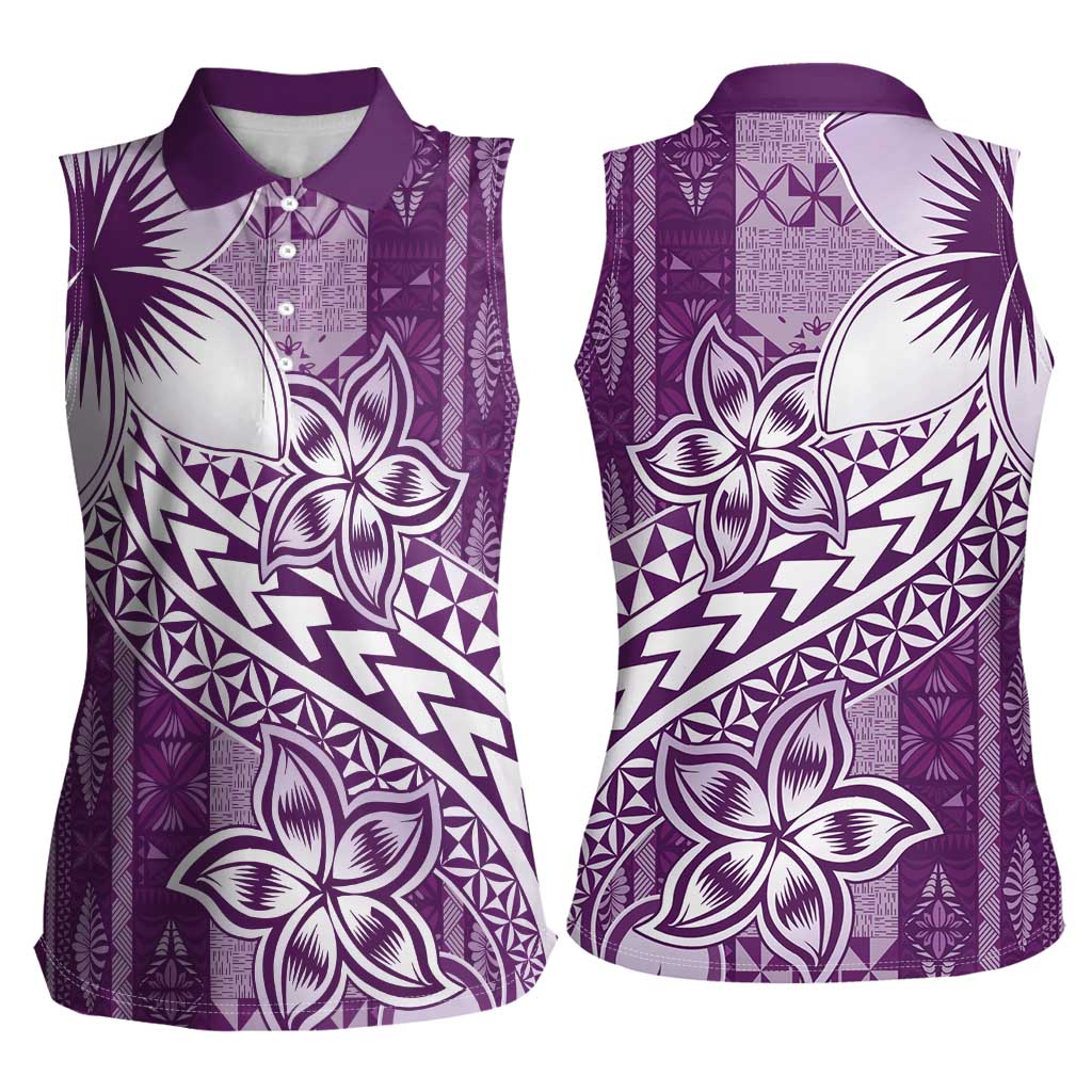Tonga Kupesi Ngatu Women Sleeveless Polo Shirt Vintage Purple Plumeria