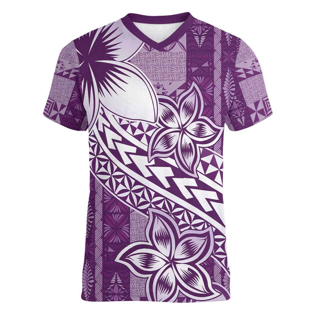Tonga Kupesi Ngatu Women V-Neck T-Shirt Vintage Purple Plumeria