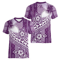 Tonga Kupesi Ngatu Women V-Neck T-Shirt Vintage Purple Plumeria