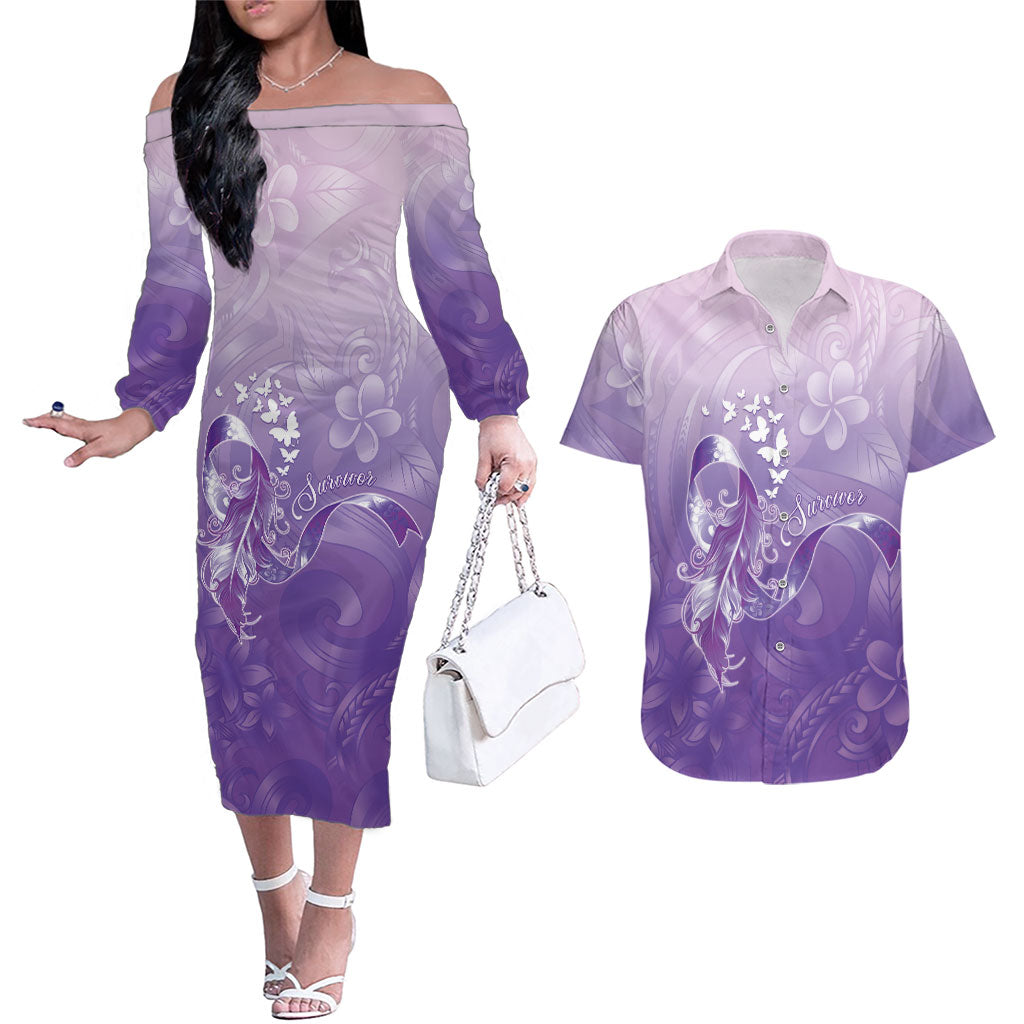 Lupus Awareness Month Couples Matching Off The Shoulder Long Sleeve Dress and Hawaiian Shirt Polynesian Style LT05 Lilac - Polynesian Pride