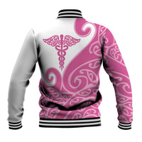 Personalised New Zealand Nurse Baseball Jacket Maori Koru Pink Version
