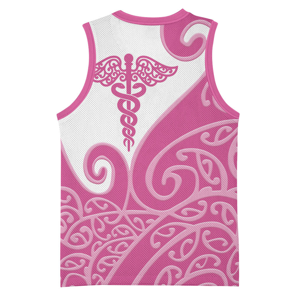 Personalised New Zealand Nurse Basketball Jersey Maori Koru Pink Version